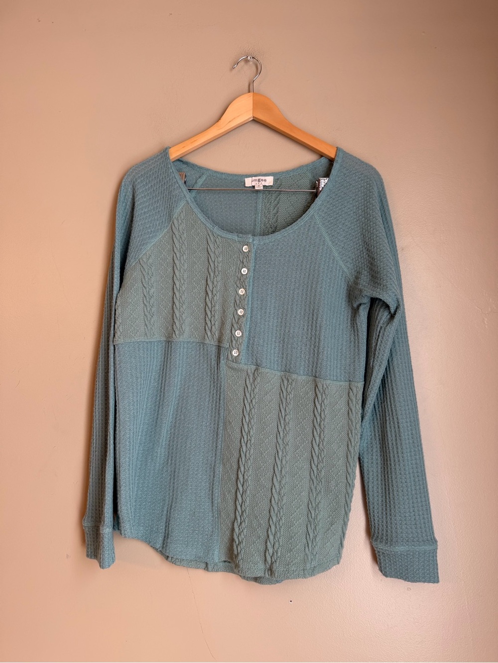 Umgee Thermal Waffle Cable Knit Henley Shirt Top Blouse Patchwork Boho Layers M